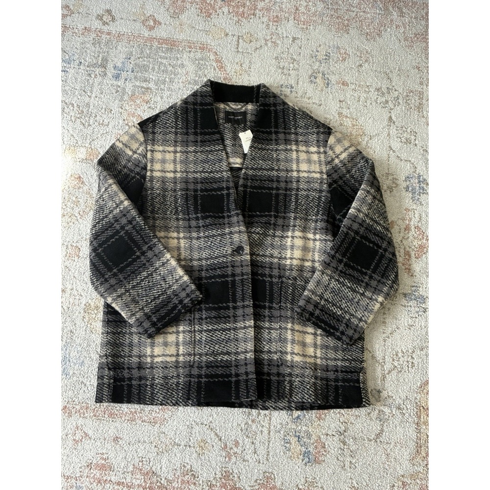 NWT Banana Republic Knit Boucle Coat Sz XL Black Grey Plaid Wool Blend Jacket